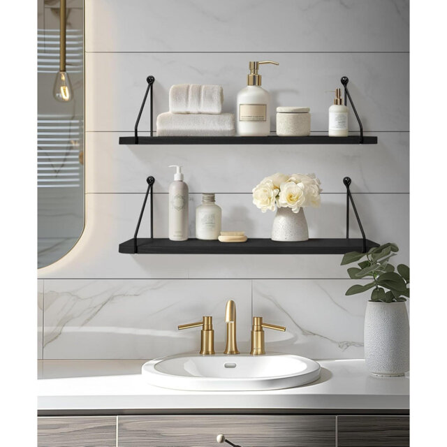Black Floating Shelves 24 Inch For Bathroom Bedroom Kitchen Storage Organiser Modern Decorations Accessories Display For Living Room Office Home Rack