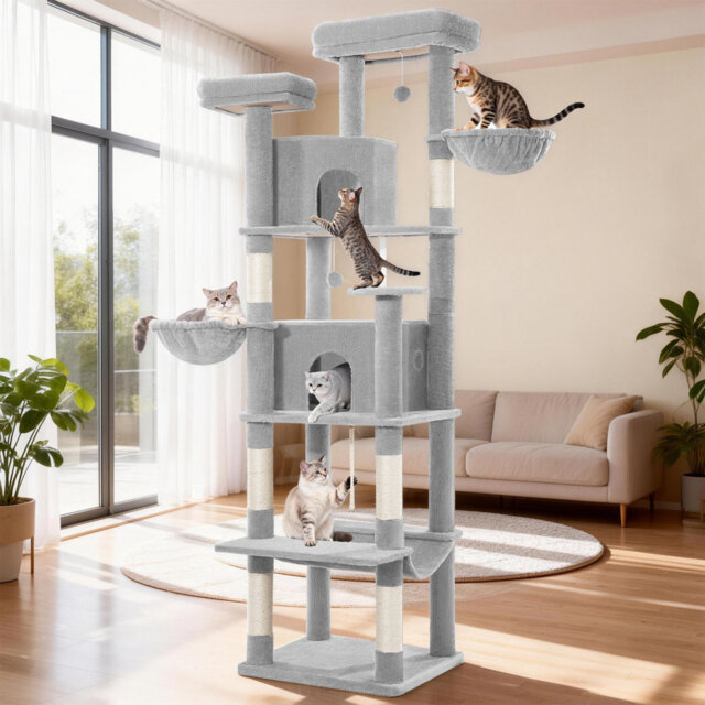 Cat Tree for Large Cats, 175cm/216cm Cat Tower, Multi-Level Cats Climbing Tower with Scratching Posts, 2 Comfy Condos, 2 Perches, 2 Baskets, Hammock,