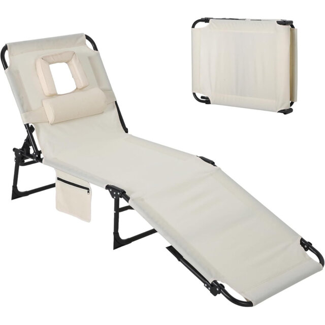 Portable Folding Patio Lounge Chair with Face Hole – 5-Position Adjustable Backrest, Pillow & Side Pocket – Outdoor Tanning Chair for Beach, Poolside,