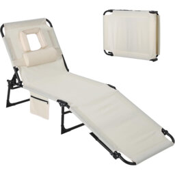 Portable Folding Patio Lounge Chair with Face Hole – 5-Position Adjustable Backrest, Pillow & Side Pocket – Outdoor Tanning Chair for Beach, Poolside,