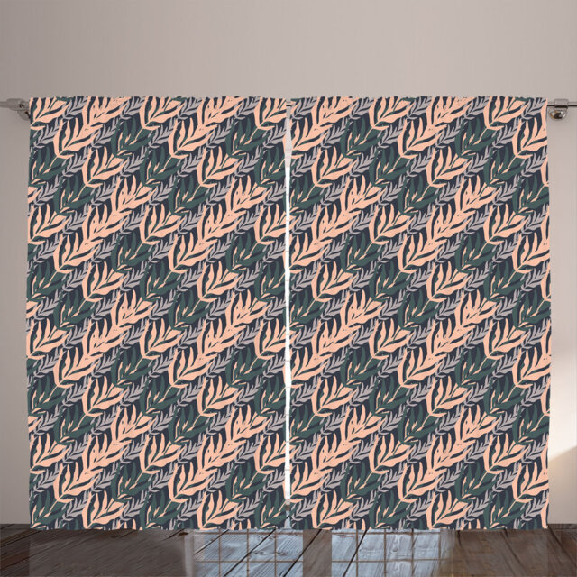 Rustic curtain, simple neutral leaves, tropical boho, peach hunter green and gray
