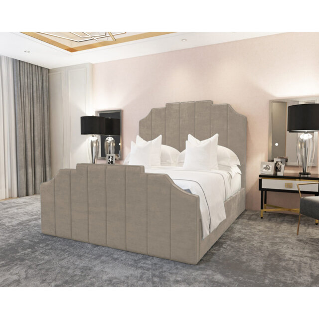 Annalei Regal Velvet Upholstered Bed Frame - Shaped Headboard, Chrome Feet