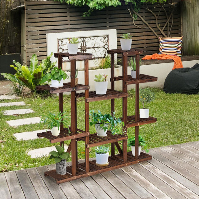 Tiers Wood Plant Stand, Multi Tier Flower Pot Holder With Wheels, Potted Plants Display Ladder Shelf For Home Garden Patio Balcony