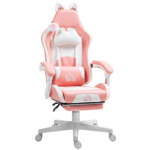 HOMCOM Gaming Chair for Adults with Cat Ears Footrest Headrest