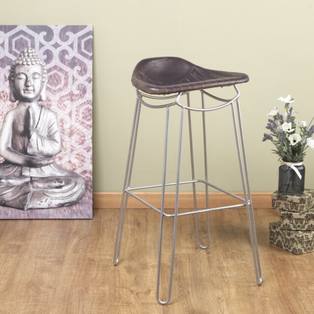 Splendora 76cm Bar Stool - Hand Stitched Leather Seat - Steel Metal Frame