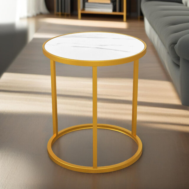 Akorede Round Gold Metal Marble Side Table End Sofa Accent Tables Living Room
