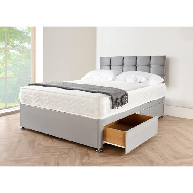 4FT6 Grey Linen Look Divan Double Bed with 10” Memory Foam Mattress Headboard 2 Free Storage Drawers Alzina