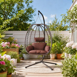 Brown PE Rattan Hanging Egg Chair with Stand and Cushions