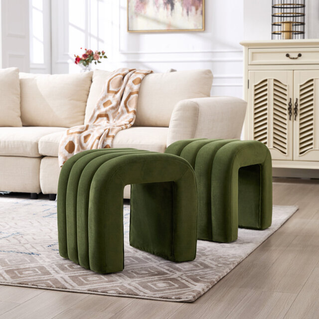 Rienna Yuna Modern U Shaped Waterfall Ottoman 50 cm Wide Vanity Stool with Ribbed Tufting