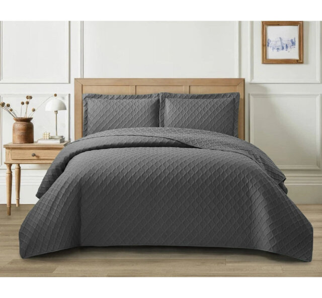 3 Piece Quilted Bedspreads Diamond Check Embossed Pattern, Polyester Material, Durable, Box Stitching, with Matching Pillow Shams