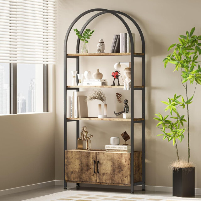 Arched Bookshelf, Vintage Bookcase Display Racks Tall Standing Bookshelves, 4 Tier Book Shelf Board and Studry Metal Frame, Accent Bookshelf for Livin