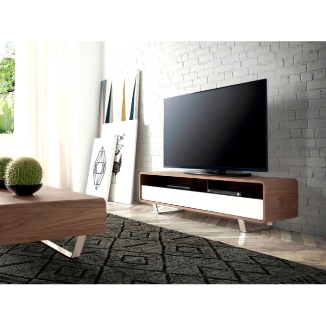 TV stand white wood, walnut and chromed steel