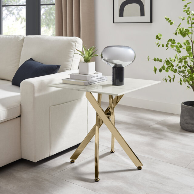 Atal Marble Effect Sofa Side Table - Glass Topped Metal Leg Small Table