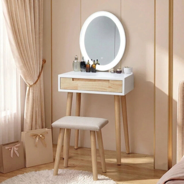 60cm Desktop Dressing Table With Led Lighted Mirror, Makeup Vanity Desk With Stool and Drawer