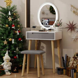 60cm Desktop Dressing Table With Led Lighted Mirror, Makeup Vanity Desk With Stool and Drawer