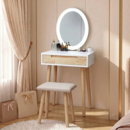 60cm Desktop Dressing Table With Led Lighted Mirror, Makeup Vanity Desk With Stool and Drawer