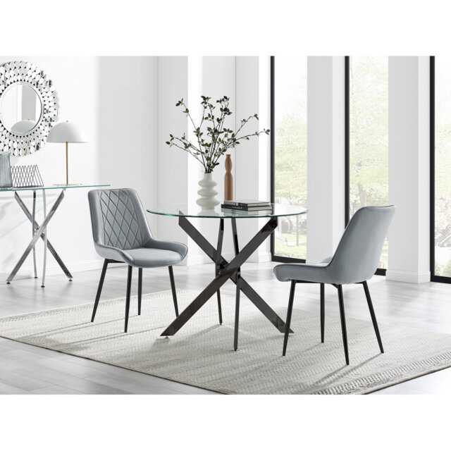 Bernell Glass And Chrome Metal 2 Seat Round Dining Set With Luxury Velvet Dining Chairs