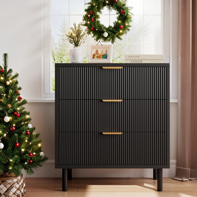 Fluted 3 Drawer Nightstand, Modern End Table with Large Storage Drawers & Metal Legs, Natural Wood Bedside Table for Bedroom or Living Room