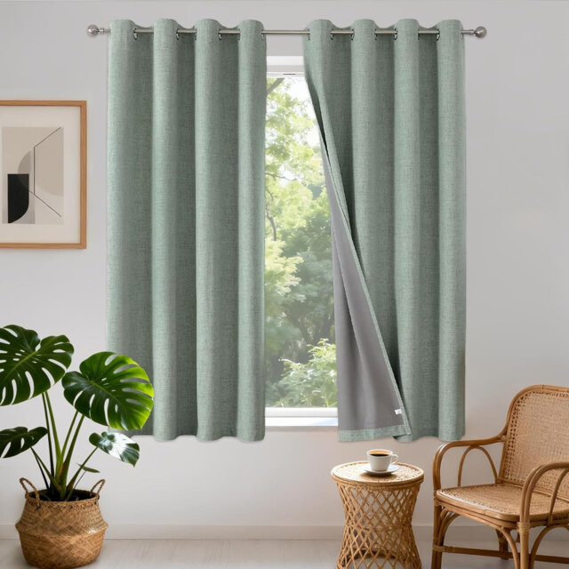 52×63in 2 Panel Linen Textured 100% Blackout Eyelet Curtains, Thermal Insulated Coated Short Drapes