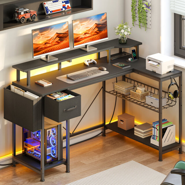 120Cm W L Shaped Computer Desk With Monitor Stand,LED Gaming Table With Power Out