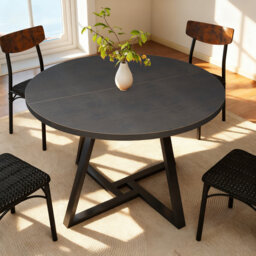 Round Dining Table: Pedestal Metal Frame, Space-Saving Industrial Style