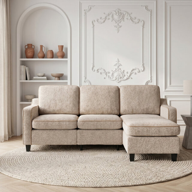 Convertible L-Shaped Sectional Sofa, 196cm 3-Seater Corner Couch with Movable Footstool