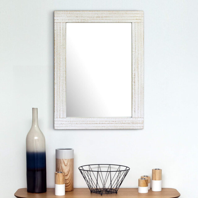 Rustic Rectangular Worn White Wood Frame Hanging Wall Mirror