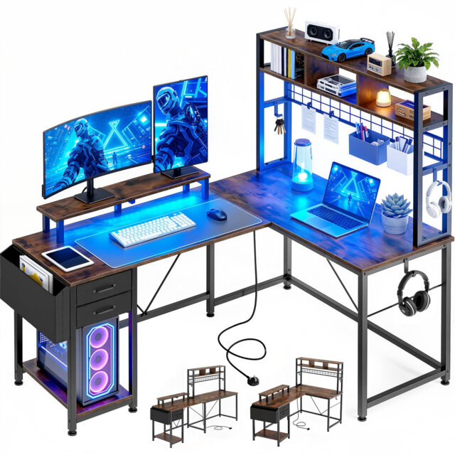 L Shaped Gaming Desk With Drawers & LED Lights & Power Outlets,150W*100D*150H CM
