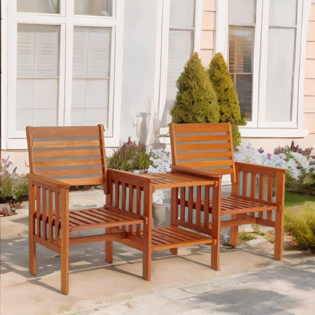 Solid Wood 2 Seater Garden Bench With 2 Tier Table Love Seat
