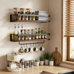 Set of 2 Waterproof Pine Wood Floating Shelves with Metal Rail & 8 Hooks, Wall Mounted Storage Shelf for Bathroom, Kitchen & Living Room