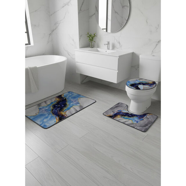 Modern Sapphire & Gold Liquid Marble 3-Piece Bathroom Rug Set: Includes Non-Slip Bath Mat, Rug, and Matching Toilet Lid Cover