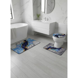 Modern Sapphire & Gold Liquid Marble 3-Piece Bathroom Rug Set: Includes Non-Slip Bath Mat, Rug, and Matching Toilet Lid Cover
