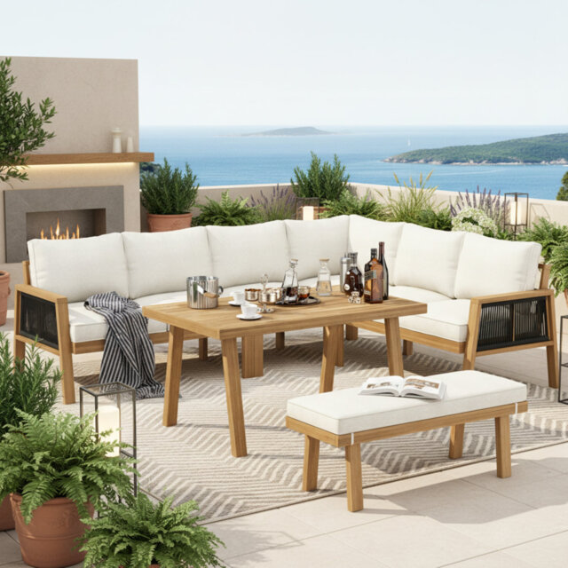 6-7 Seater Acacia Wood Garden Lounge & Dining Set, Natural Wood With Cushions, Corner Sofa, Bench & Table
