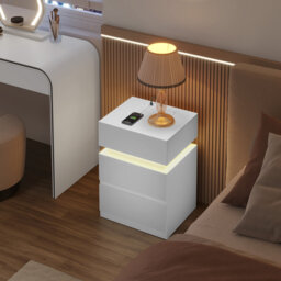 Bedside Table, Nightstand With Charging Station, Led Night Table, With 2 Sockets, 1 Usb Port And 1 Type-C Port, 2 Drawers