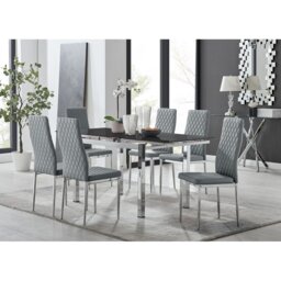 Tierra Modern Glass & Metal Extendable Dining Table Set & 6 Luxury Faux Leather Dining Chairs