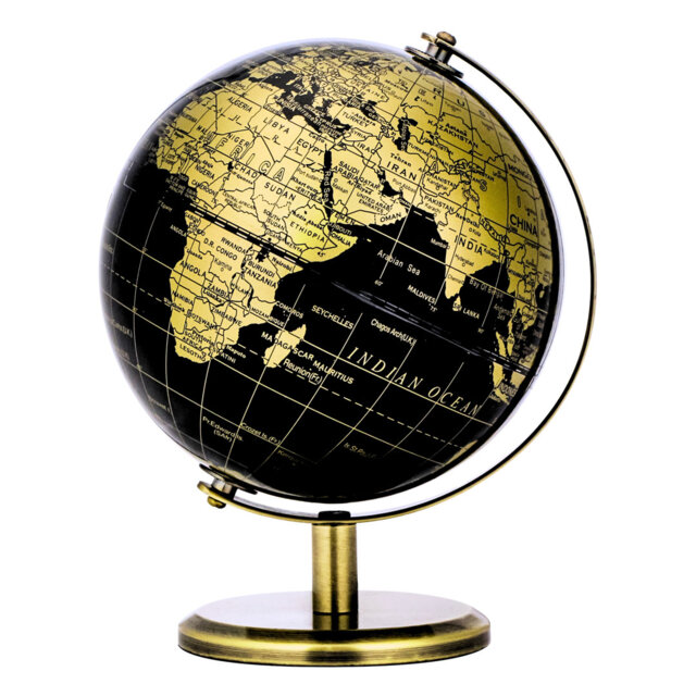 Exerz 14Cm Globe Black & Golden, Mini World Globe Educational Geographic, English Map, Bronze Arc And Base