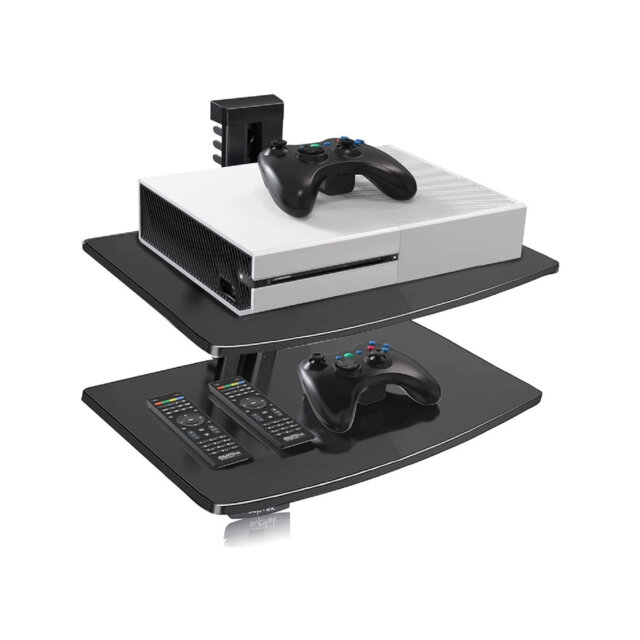 2 Floating Shelf Wall bracket with Strengthened Tempered Glass for DVD Players, 2 Shelves, Black