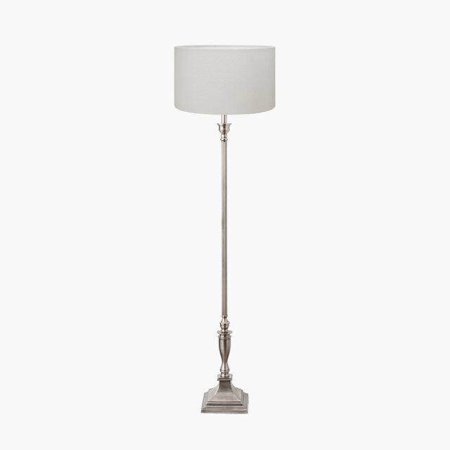 Bhanmati Antique Silver Metal Floor Lamp Base with Henry 45cm White Handloom Cylinder Lampshade