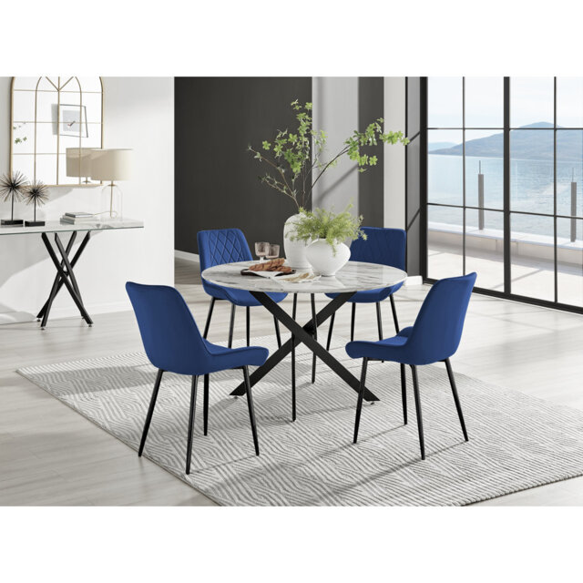 Tierra Modern Chrome Metal & Glass Round Dining Table Set with 6 Luxury Faux Leather Chairs