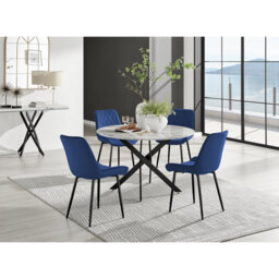 Tierra Modern Chrome Metal & Glass Round Dining Table Set with 6 Luxury Faux Leather Chairs