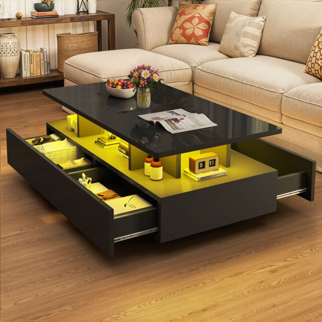 16-Color LED Coffee Table with 4 Drawers, High Gloss Black & Open Shelf