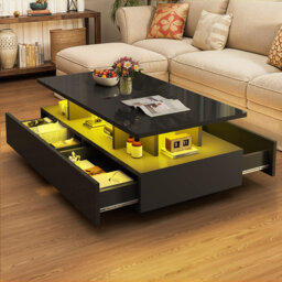 16-Color LED Coffee Table with 4 Drawers, High Gloss Black & Open Shelf