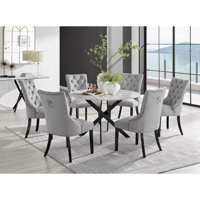 Tierra Modern Chrome Metal & Glass Round Dining Table Set with 6 Luxury Button Velvet Chairs