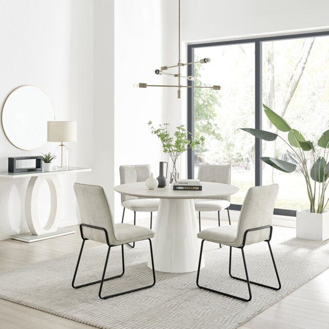 Edzard Statement 4 Person Round Dining Table Set in Luxury Stone Effect - Fabric Dining Chairs