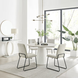 Edzard Statement 4 Person Round Dining Table Set in Luxury Stone Effect - Fabric Dining Chairs