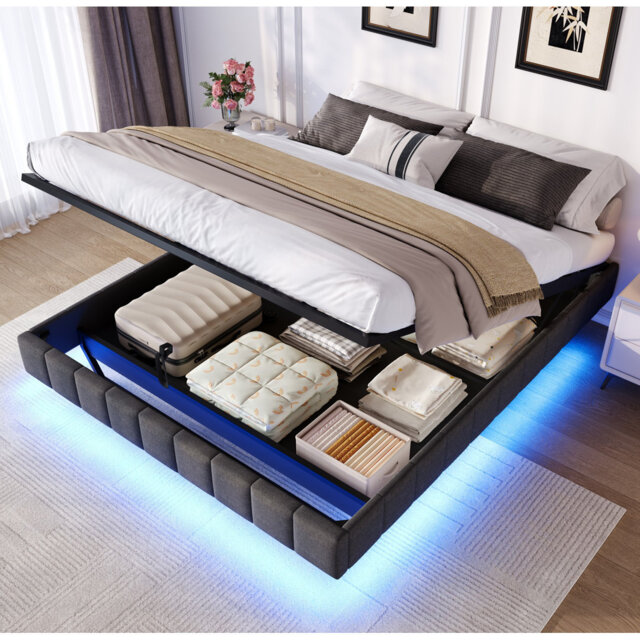 Grey 4ft6 Double Floating Bed Frame With Hydraulic Storage & Rgb Led Lights, No Headboard, Linen Fabric