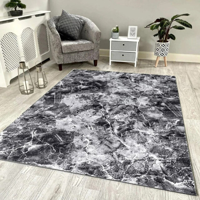Luxury Grey Marble Area Rug – Non-Slip Washable Carpet, Large Living Room Rug, Hallway Runner & Bedroom Floor Mat