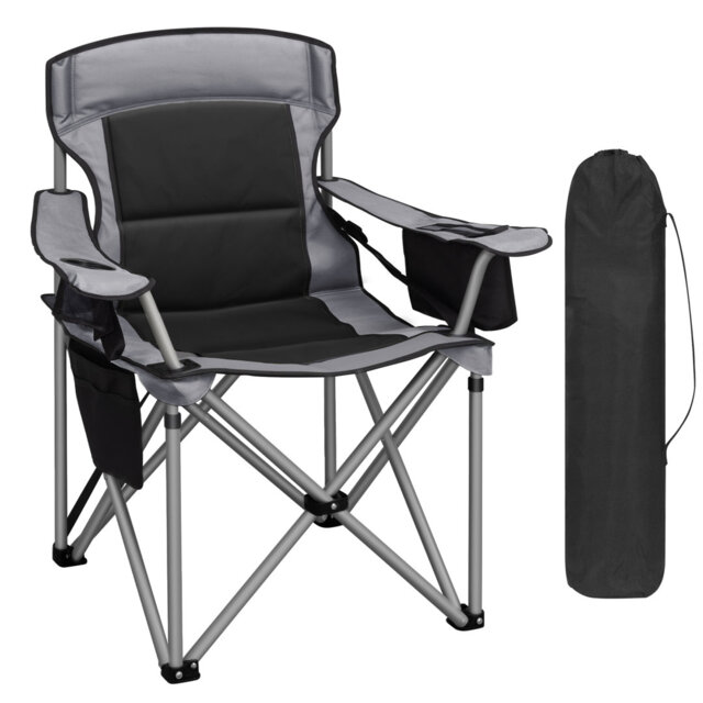 Folding Camping Chair for Adults Oversized 220KG, Heavy Duty Padded Camping Chair with Adjustable Lumbar Support, Cooler Bag, Cup Holder for Garden Ba