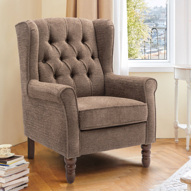Button-Tufted Wingback Accent Chair - Solid Wood Legs with Rolled Arm &Thick Padded Cushion