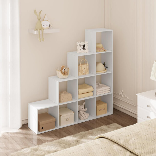Book Shelf, Staircase Bookshelf With 10 Cubes, Shelving Unit, Engineered Wood Bookcase White Shelf Unit For Bedroom, Living Room, Study, Office, 136X2
